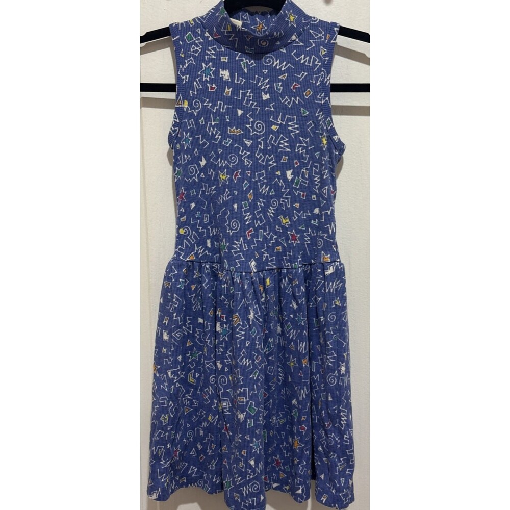 VINTAGE 90's CHEROKEE Girls Blue Memphis Abstract Scribble Dress Sz 10 - 12